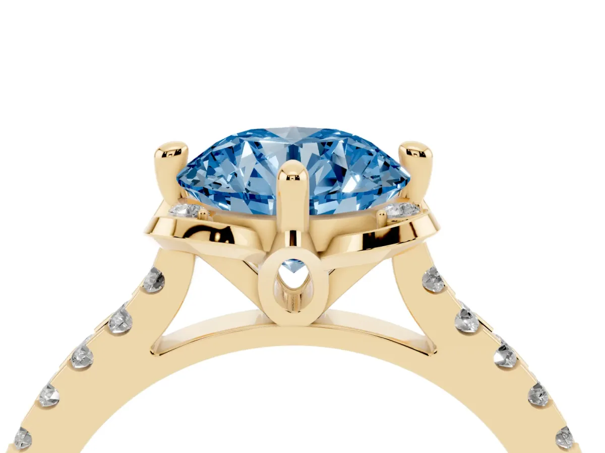 Fancy Blue Round Cut Diamond Ring with Pavé Band and Floral Prong Setting Yellow gold