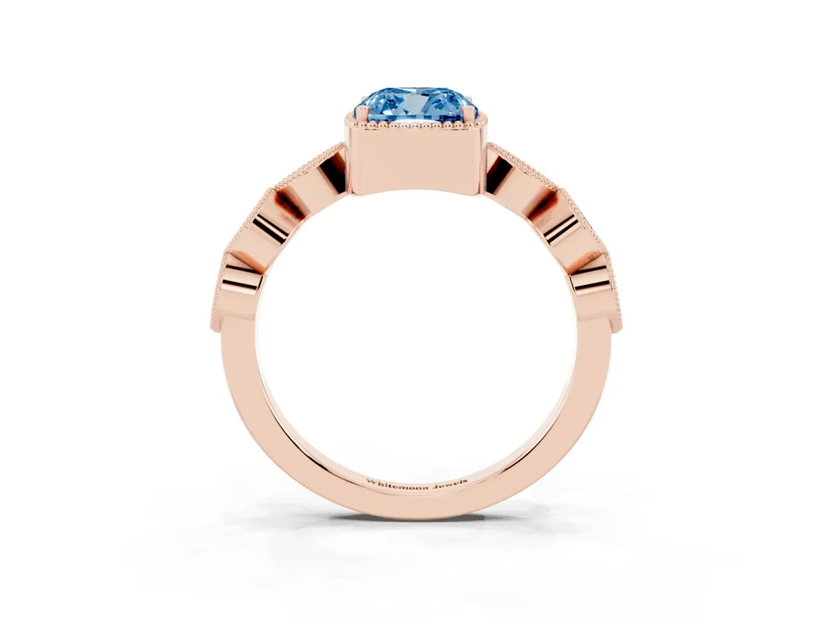 Fancy Blue Cushion Cut Diamond Vintage Milgrain Ring with Round Stations Rose gold