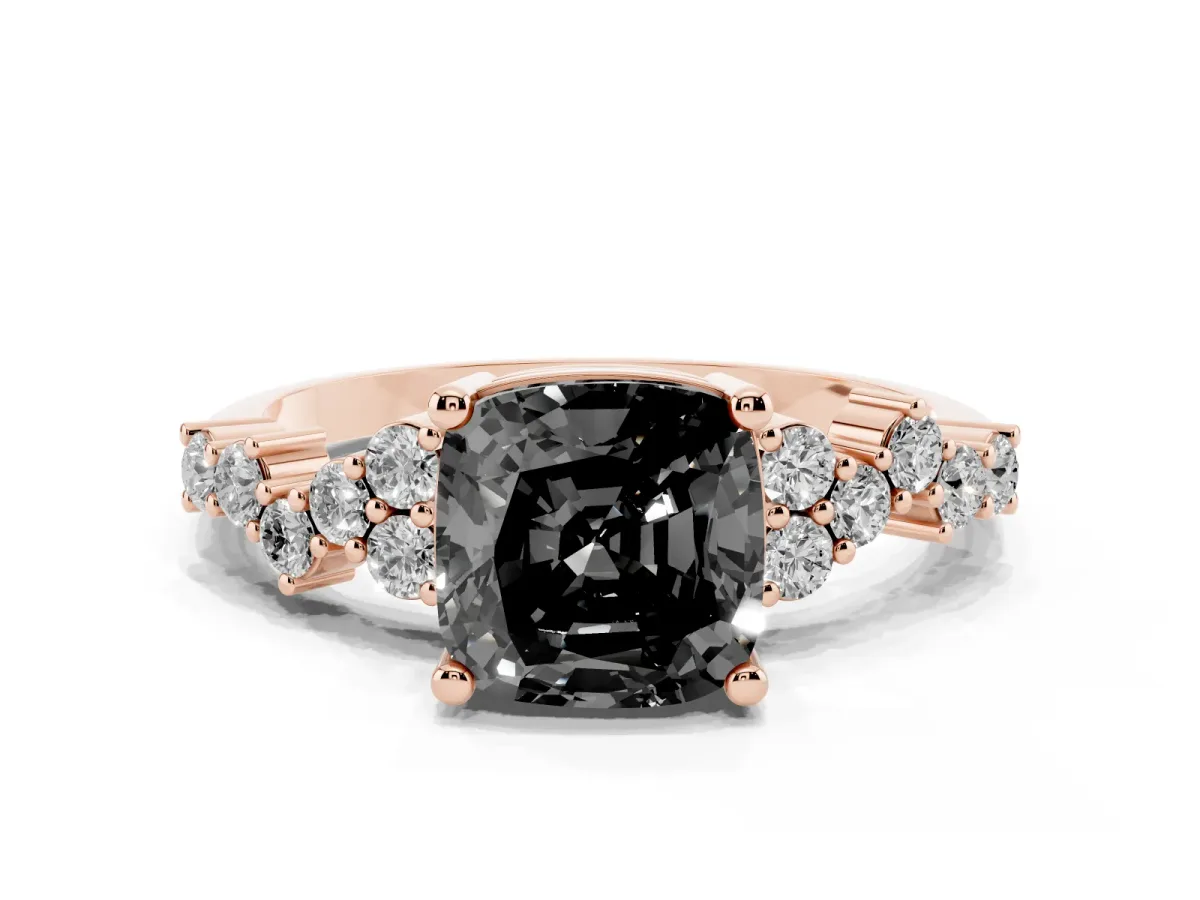 Fancy Black Cushion Cut Diamond Scattered Round Accent Ring with Prong Setting Rose gold