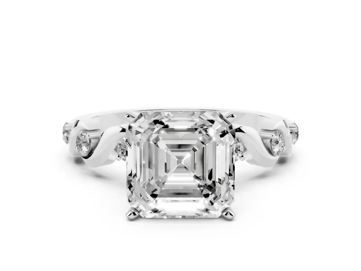 Asscher Cut Diamond Solitaire Twisted Band with Round Accents and Prong Setting Platinum