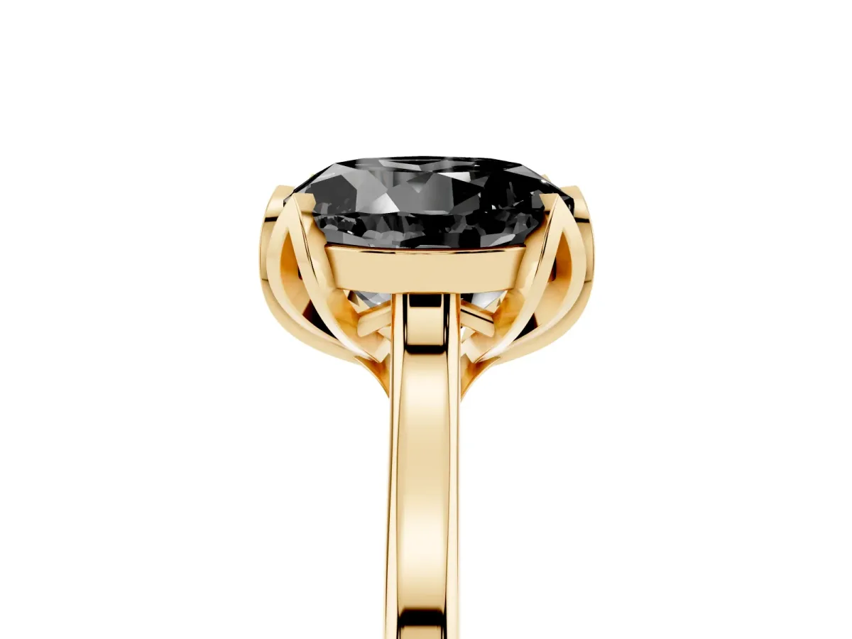 Fancy Black Round Cut Diamond Solitaire Ring with Flower Prong Setting and Classic Band Yellow gold