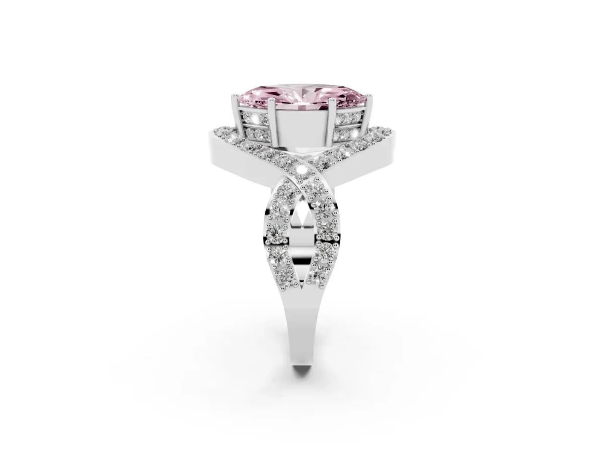 Fancy Pink Marquise Cut Solitaire Twist Band Pavé Diamond Engagement Ring Silver