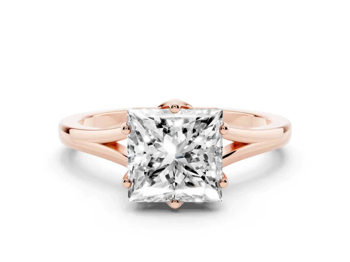 Princess Cut Solitaire Diamond Ring with Six-Prong Setting and Tapered Band Rose gold