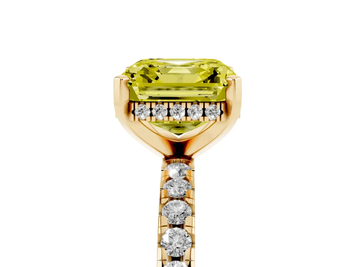 Fancy Yellow Asscher Cut Diamond Solitaire Ring with Round Pavé Band and Four-Prong Setting Yellow gold