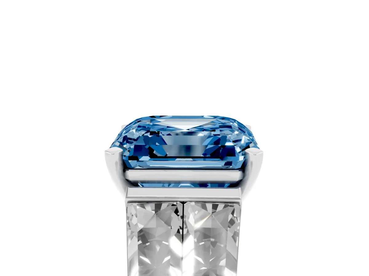 Fancy Blue Asscher Cut Diamond Engagement Ring with Baguette Side Stones and Channel Set Band White gold