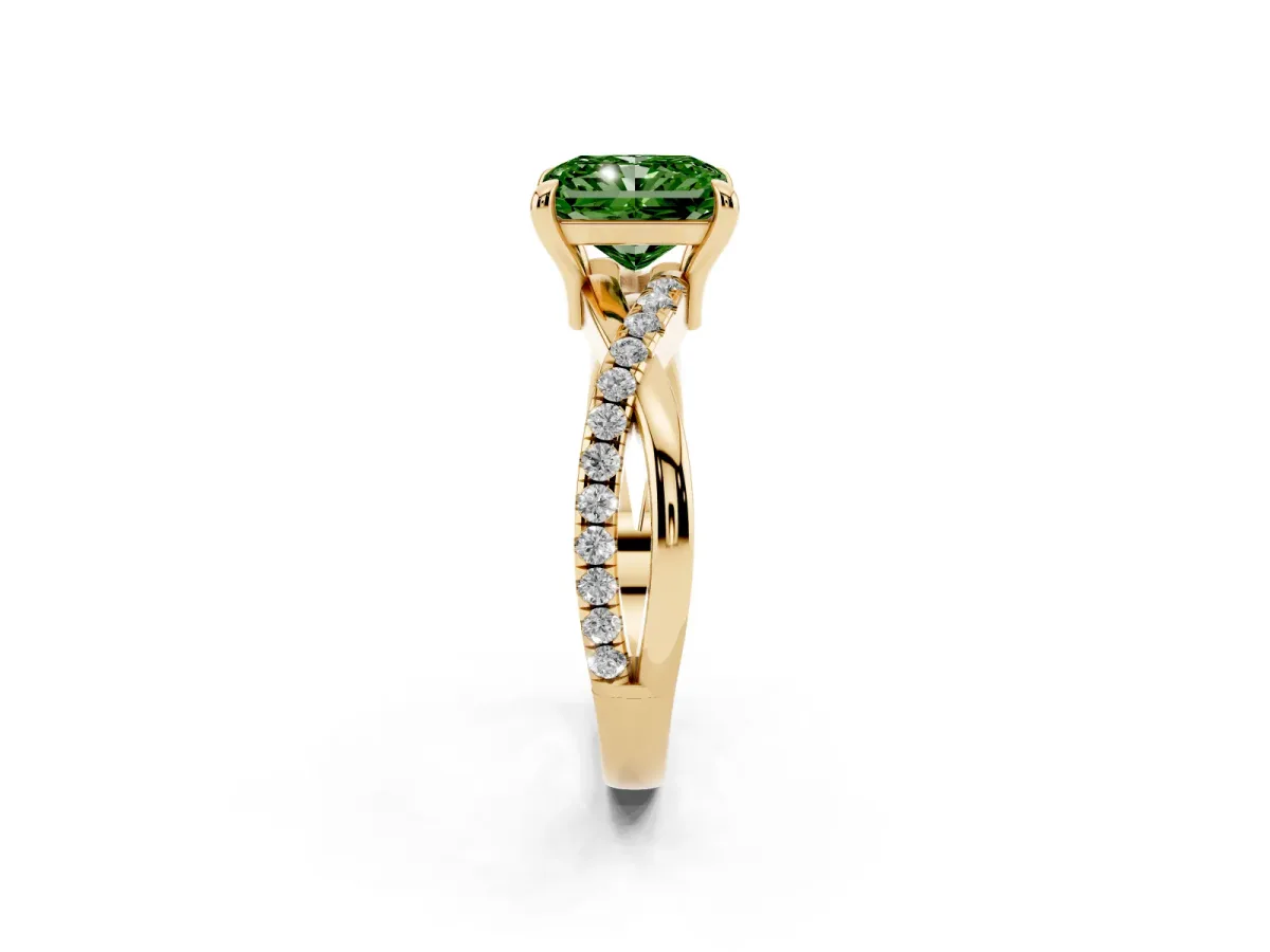 Fancy Green Radiant Cut Cut Diamond Twist Band Solitaire with Prong Setting Yellow gold