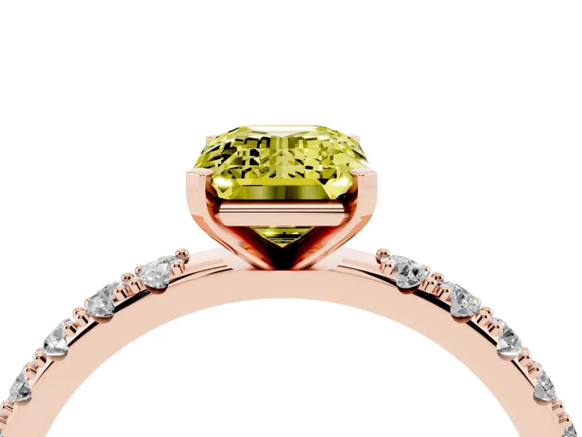 Fancy Yellow Emerald Cut Diamond Solitaire Pavé Band with Four-Prong Setting Rose gold