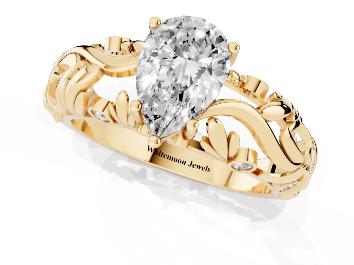 Pear Cut Solitaire Diamond Leaf-Inspired Vine Band Ring with Prong Setting Yellow gold