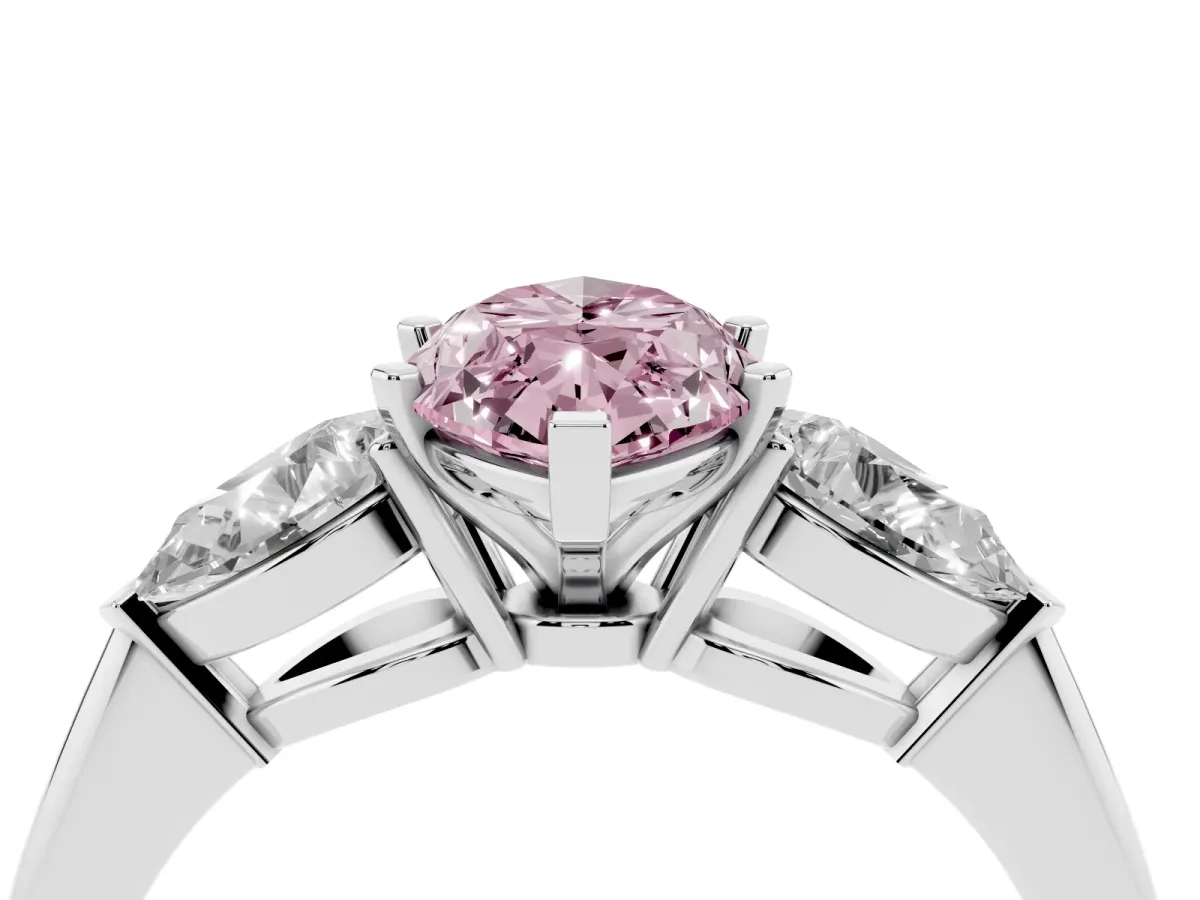 Fancy Pink Three-Stone Marquise Cut Diamond Ring with Pear Side Stones and Four-Prong Setting Silver