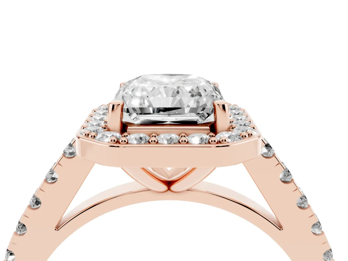 Radiant Cut Diamond Halo Ring with Round Pavé Split Shank and Prong Setting Rose gold
