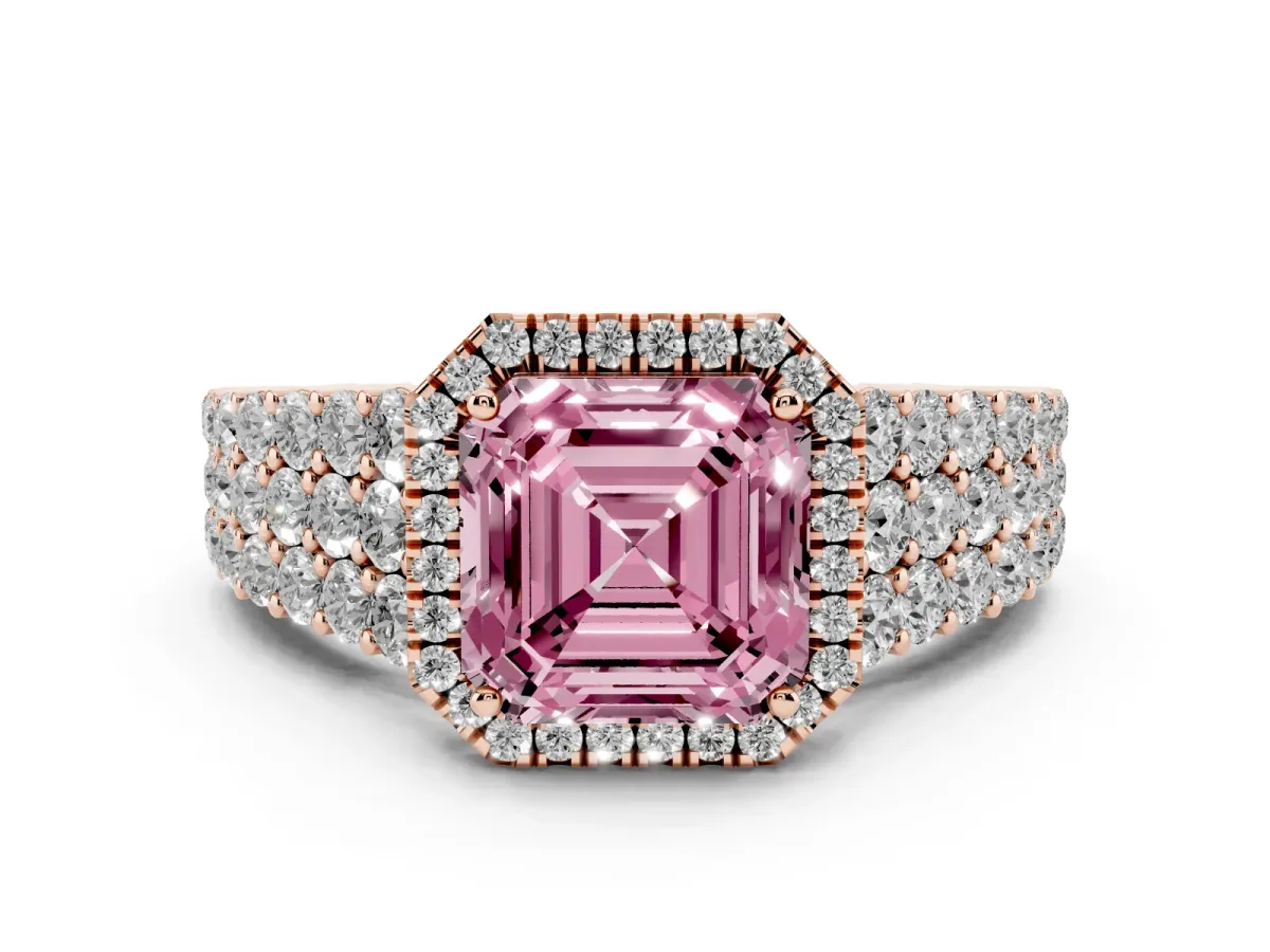 Fancy Pink Asscher Cut Diamond Halo Engagement Ring with Triple Row Round Pavé Band and Prong Setting Rose gold