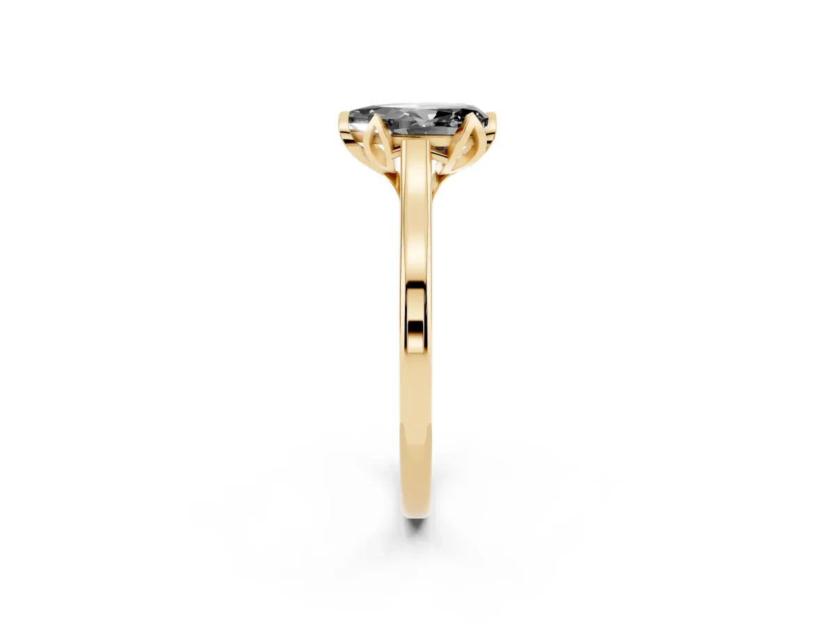 Fancy Black Pear Cut Diamond Solitaire Ring with Flower Prong Setting and Classic Band Yellow gold