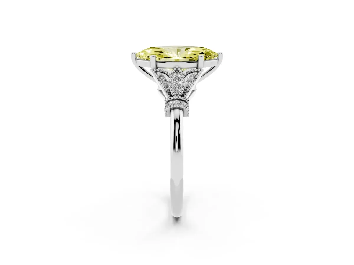 Fancy Yellow Marquise Cut Diamond Solitaire Ring with Floral Filigree and Pave Accents Platinum