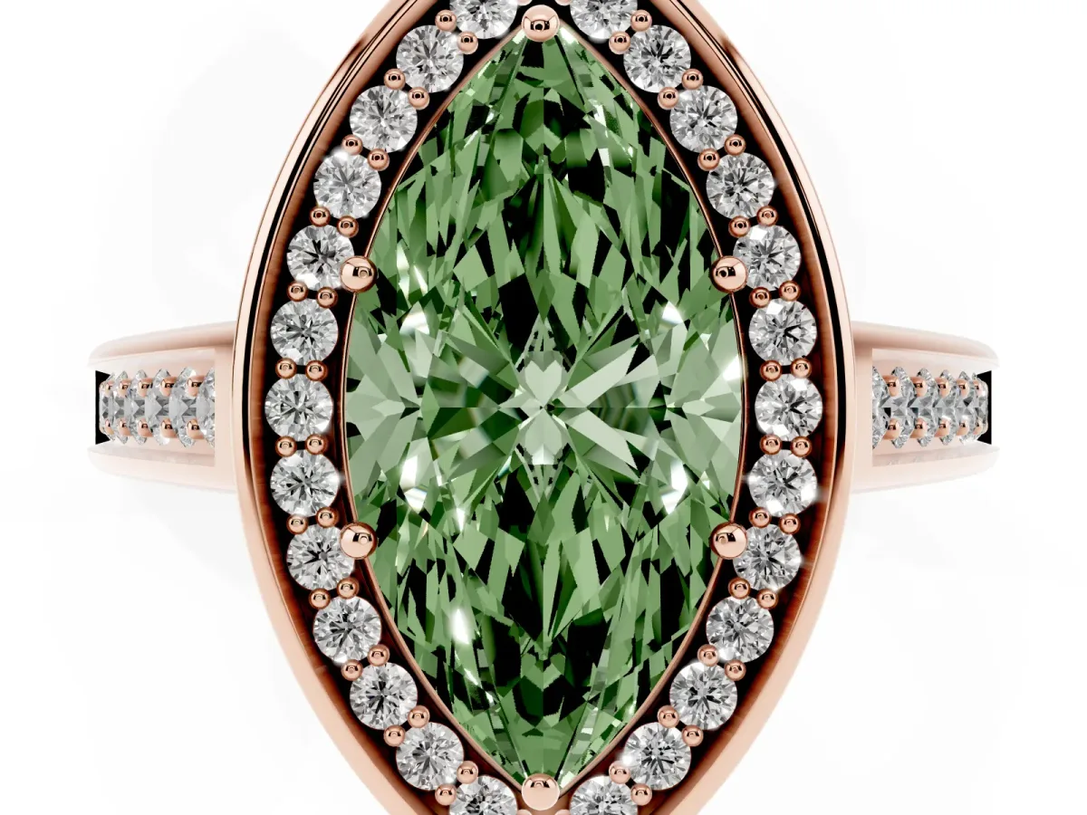Fancy Green Marquise Cut Halo Solitaire Diamond Ring with Pave Band and Bezel Setting Rose gold