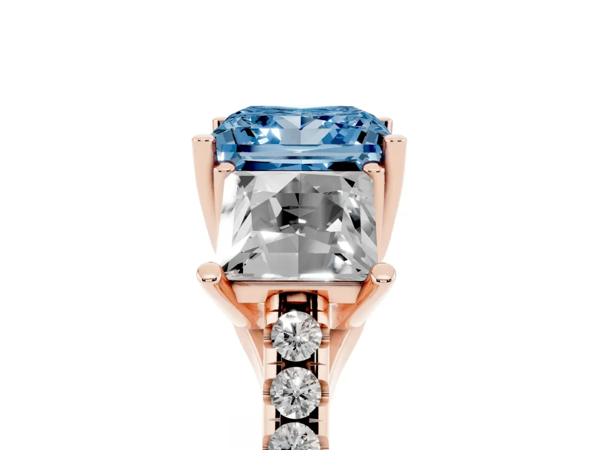 Fancy Blue Three-Stone Princess Cut Diamond Ring with Round Pavé Band and Prong Setting Rose gold