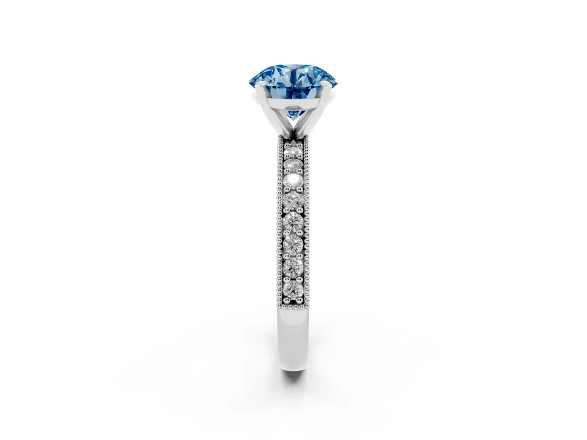Fancy Blue Round Cut Diamond Milgrain Pavé Engagement Ring with Four-Prong Setting Silver