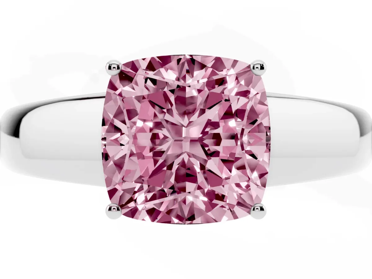 Fancy Pink Cushion Cut Solitaire Diamond Ring with Tapered Band and Four-Prong Setting Silver