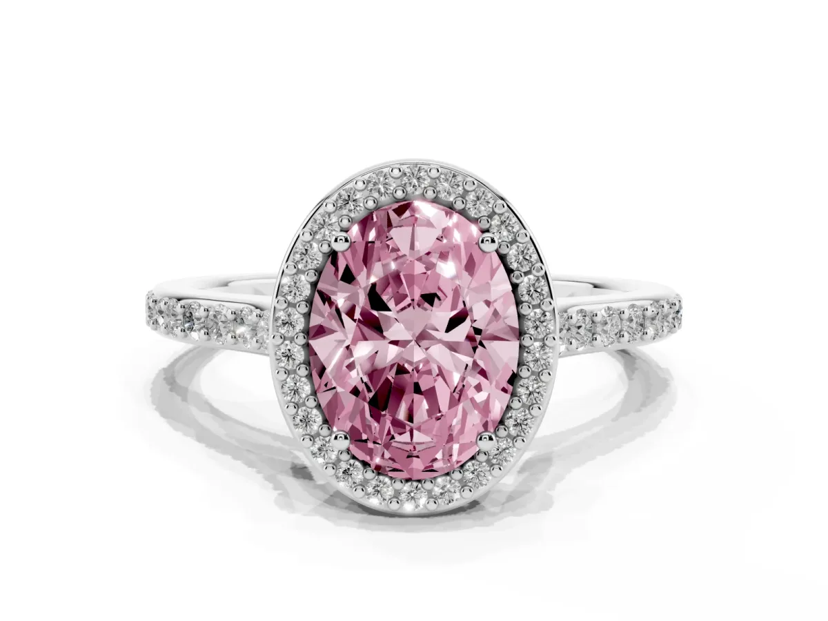 Fancy Pink Oval Cut Diamond Halo Engagement Ring with Round Pavé Shoulders and Prong Setting Platinum