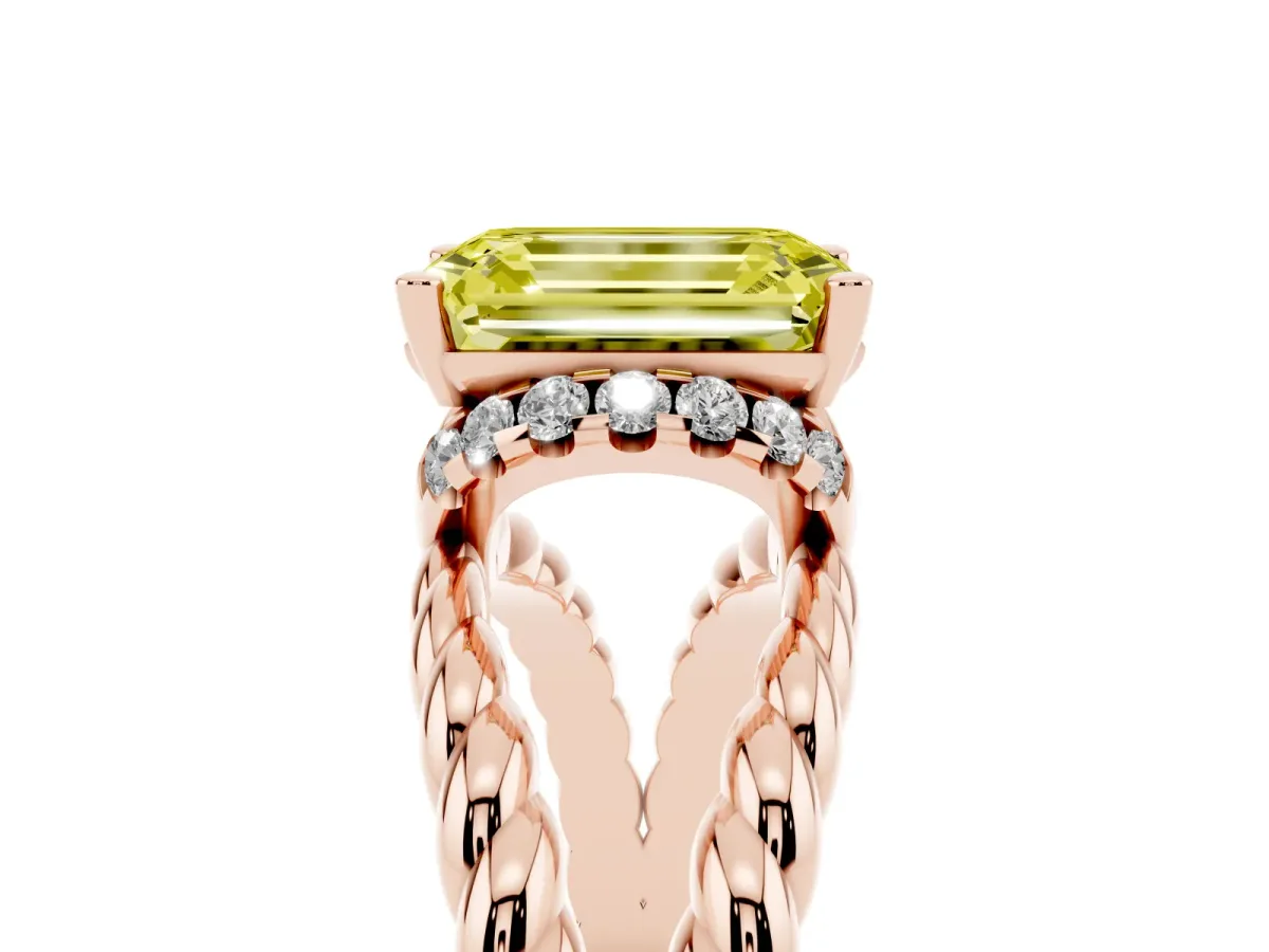 Fancy Yellow Emerald Cut Halo Twisted Band Four-Prong Ring Rose gold