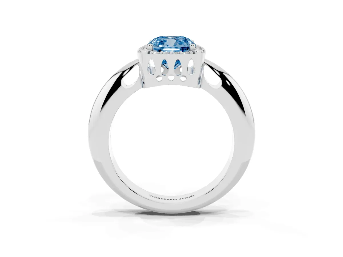 Fancy Blue Cushion Cut Cut Diamond Halo Engagement Ring with Split Shank and Four-Prong Setting Silver