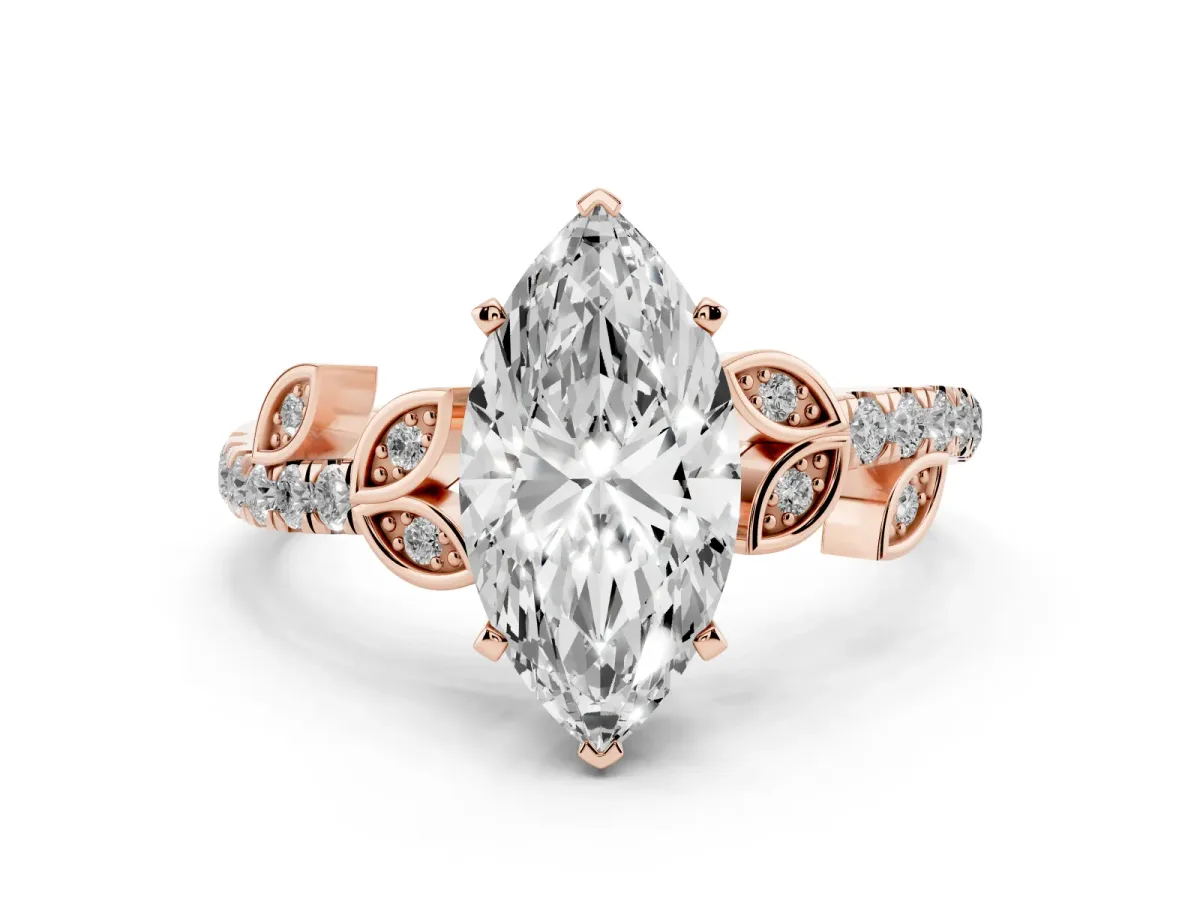 Marquise Cut Solitaire Leaf-Inspired Diamond Ring with Pavé Band and Four-Prong Setting Rose gold