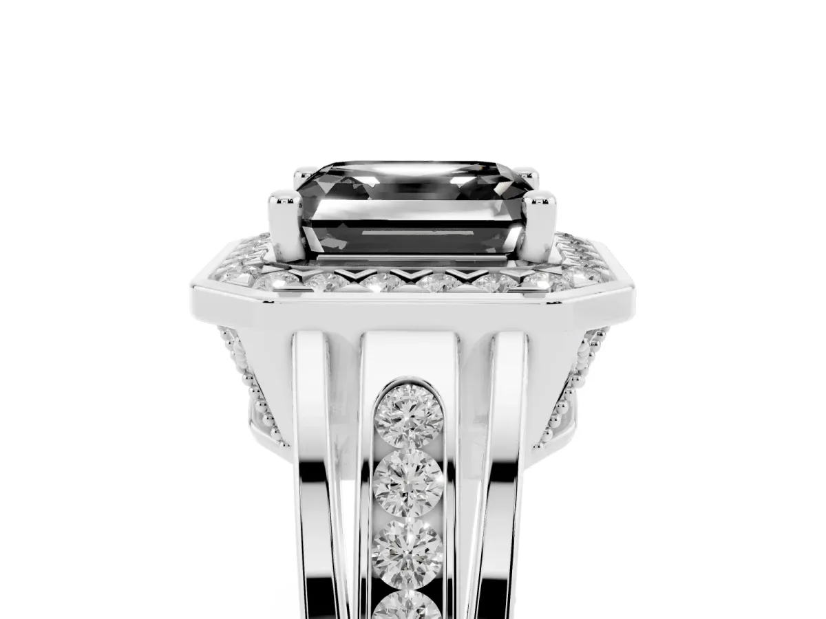 Fancy Black Asscher Cut Diamond Halo Ring with Split Shank and Bezel Accents and Prong Setting Silver