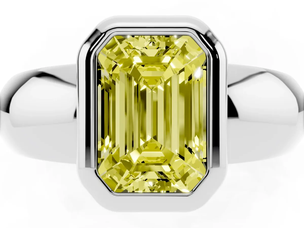 Fancy Yellow Bezel Set Emerald Cut Solitaire Ring with Wide Band White gold