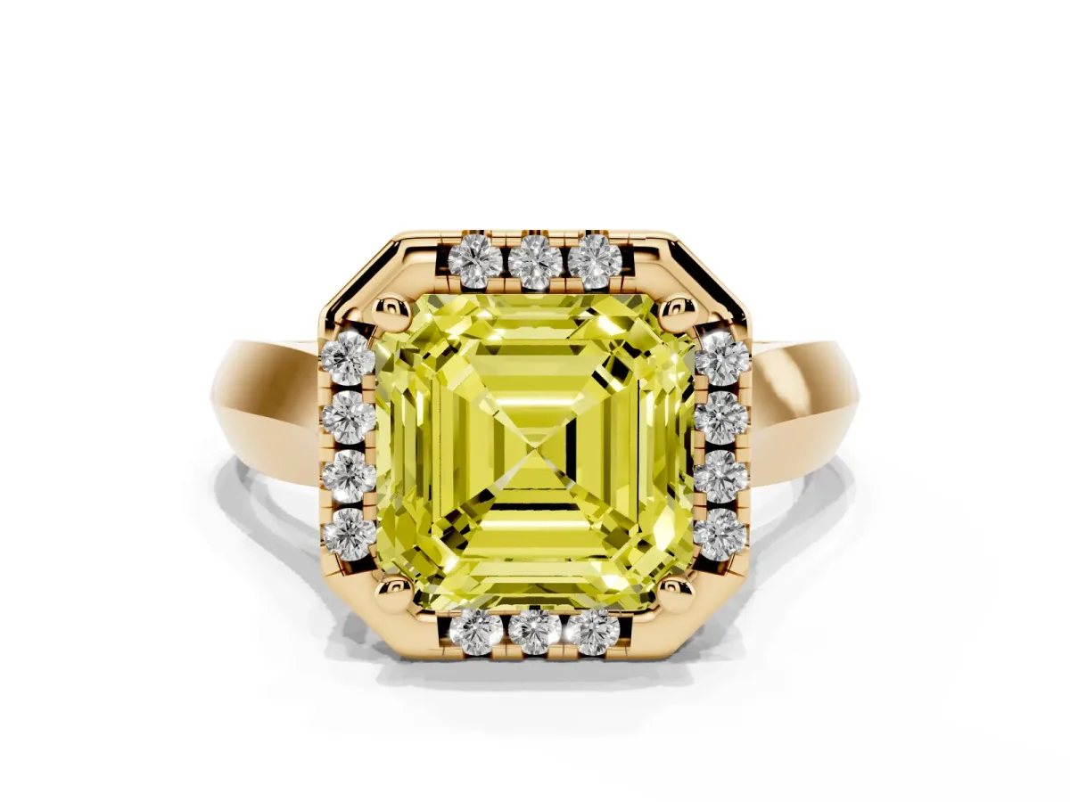 Fancy Yellow Asscher Cut Cut Halo Solitaire Engagement Ring with Square Band and Four-Prong Setting Yellow gold