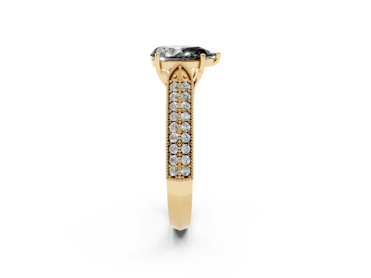 Fancy Black Pear Cut Cut Pave Split Shank Engagement Ring with Four-Prong Setting Yellow gold