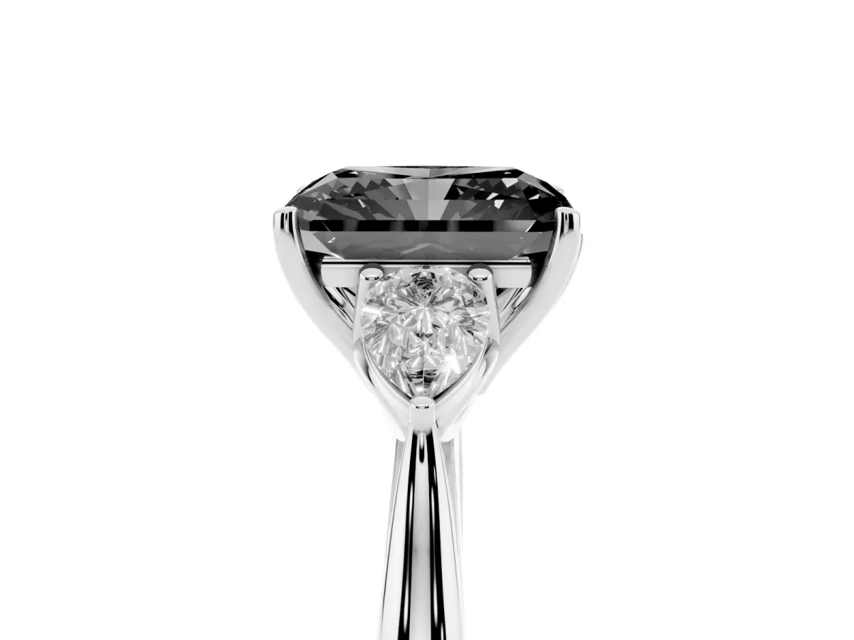 Fancy Black Three-Stone Radiant Cut Brilliant Diamond Solitaire Ring with Tapered Band and Four-Prong Setting Silver