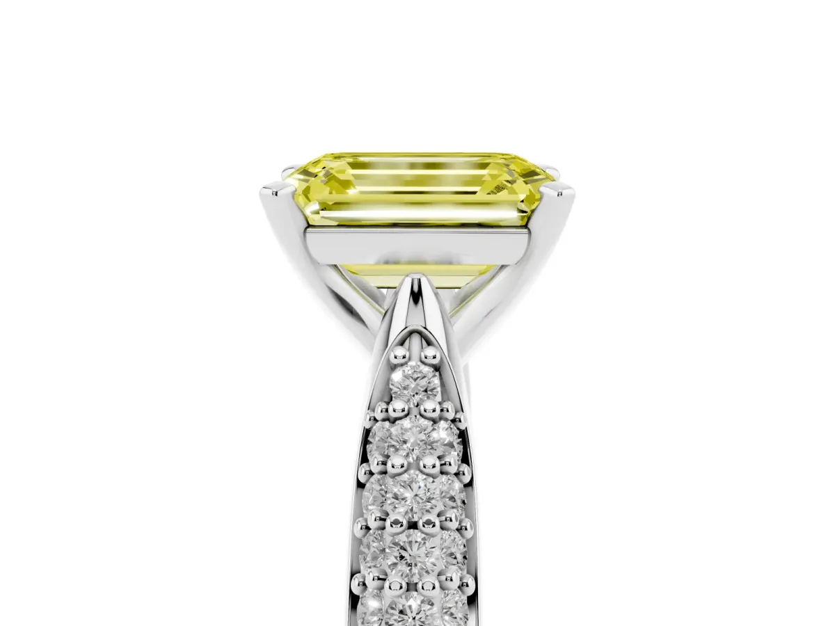 Fancy Yellow Emerald Cut Diamond Solitaire Engagement Ring with Multi-Row Round Pavé Band and Prong Setting Silver