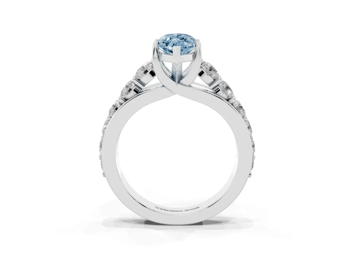 Fancy Blue Marquise Cut Diamond Engagement Ring with Pavé Band and Four-Prong Setting Silver