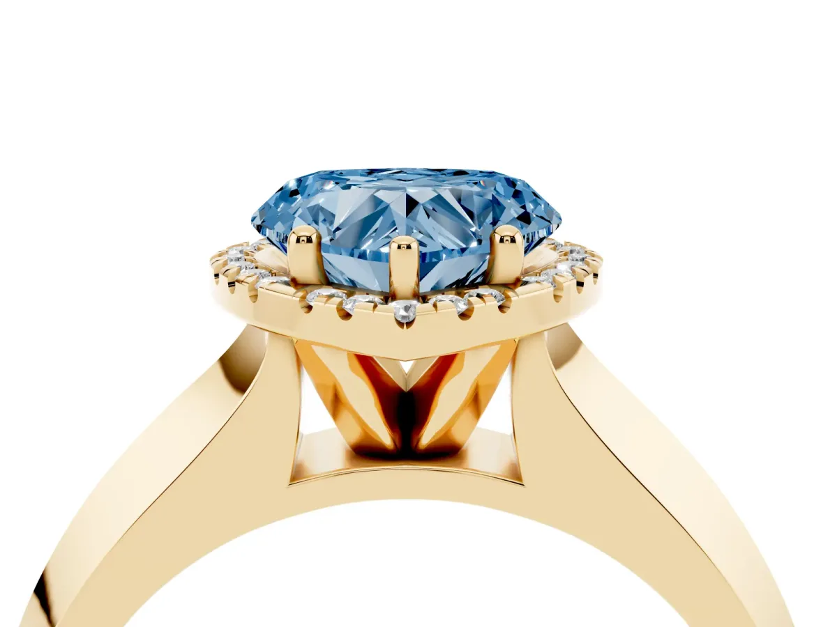 Fancy Blue Heart Cut Halo Diamond Ring with Cathedral Band and Four-Prong Setting Yellow gold