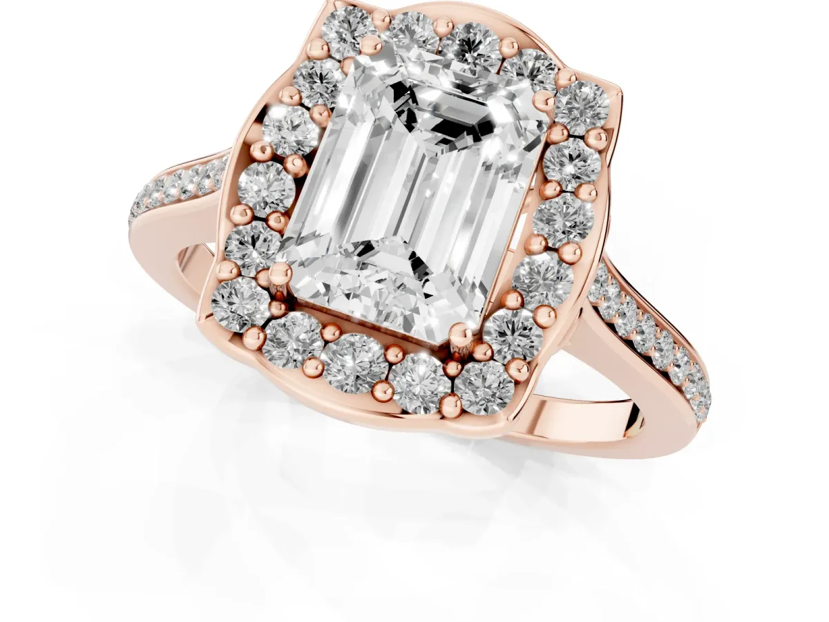 Emerald Cut Halo Round Diamond Pave Band with Four-Prong Setting Rose gold