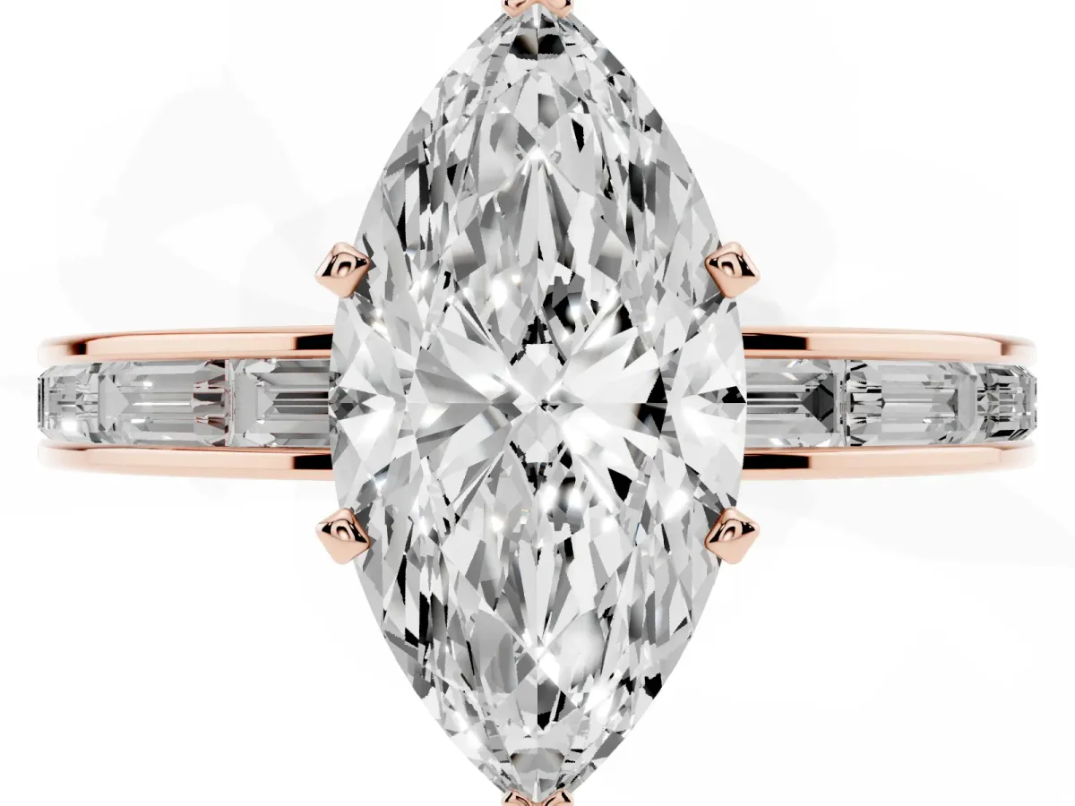 Marquise Cut Solitaire Diamond Ring with Channel-Set Baguette Band and Four-Prong Setting Rose gold