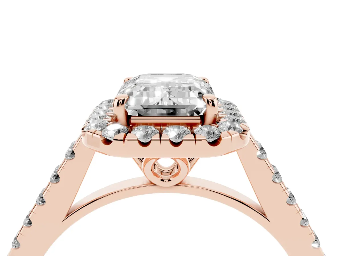 Emerald Cut Halo Pavé Diamond Engagement Ring with Four-Prong Setting Rose gold