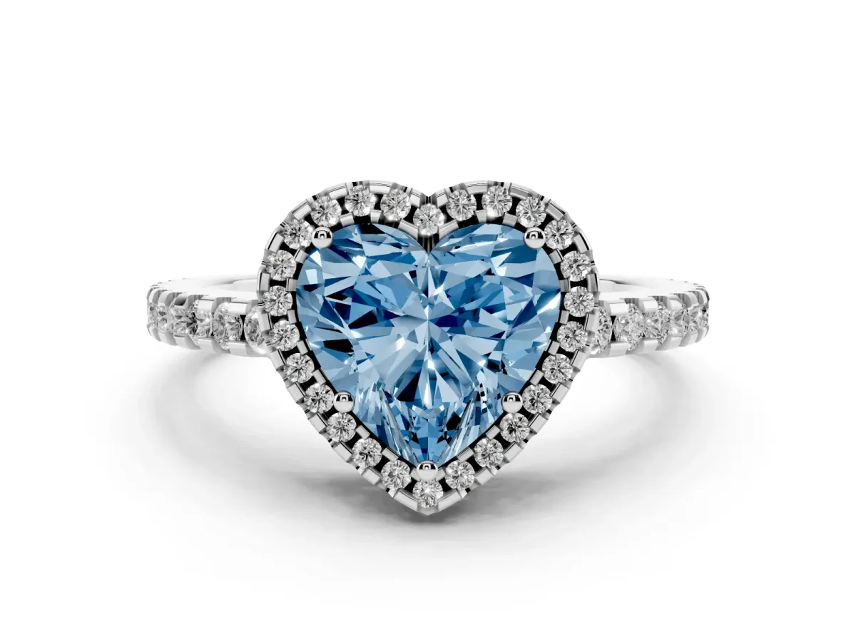 Fancy Blue Heart Cut Diamond Halo Engagement Ring with Pavé Band and Prong Setting White gold
