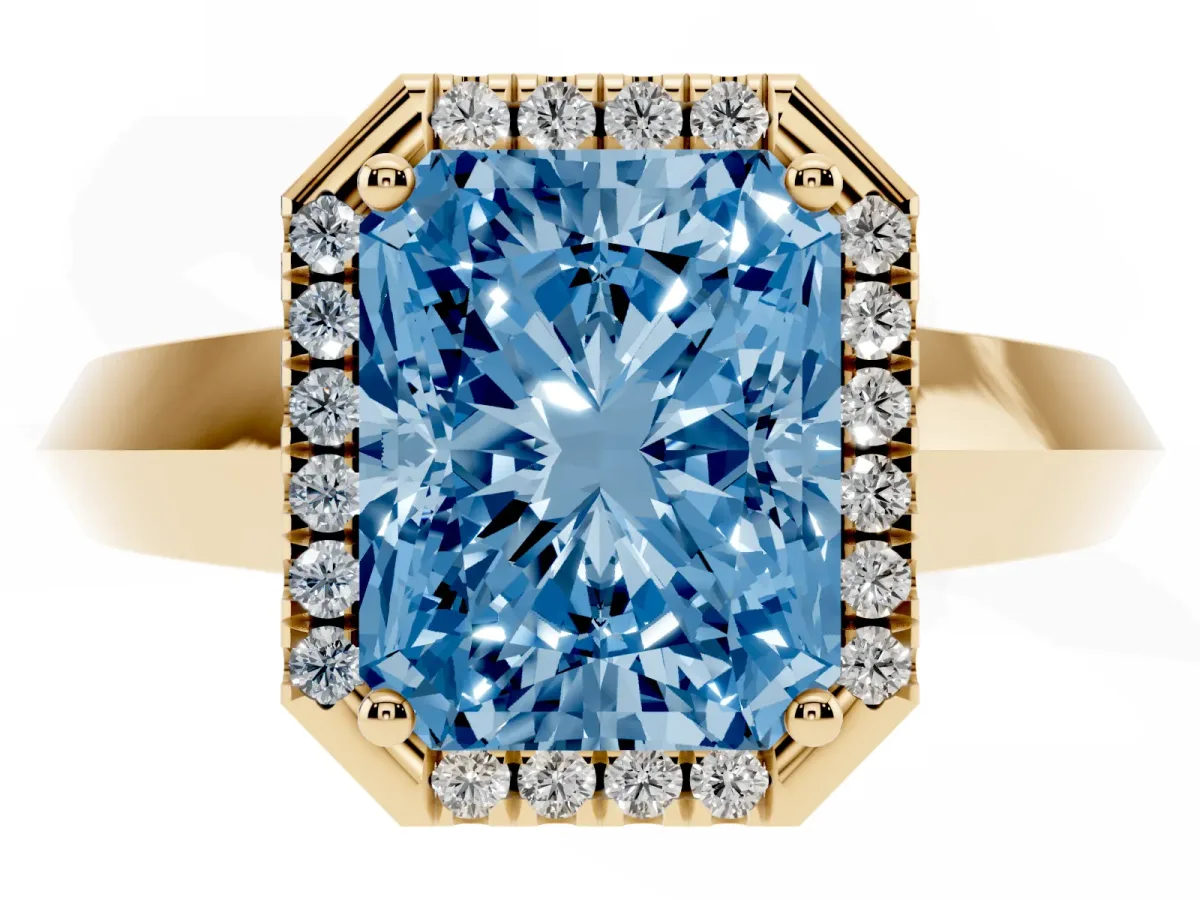 Fancy Blue Radiant Cut Halo Diamond Ring with Cathedral Band and Four-Prong Setting Yellow gold