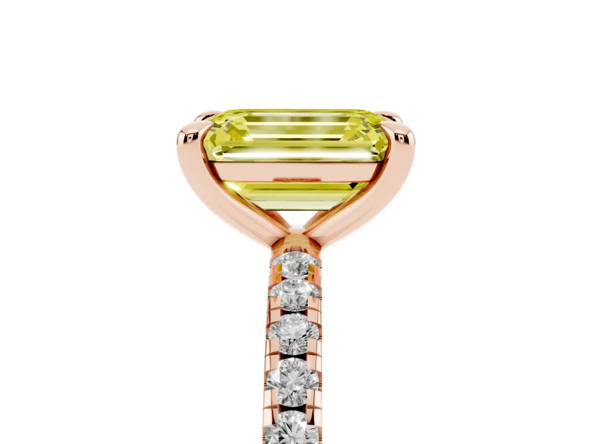 Fancy Yellow Emerald Cut Diamond Brilliant Solitaire Ring with Pavé Band and Four-Prong Setting Rose gold