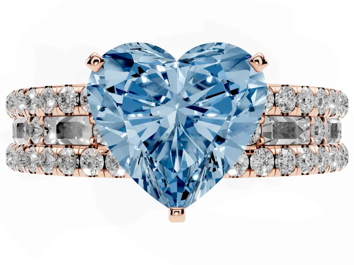 Fancy Blue Heart Cut Diamond Solitaire Ring with Pavé and Channel Set Band Rose gold