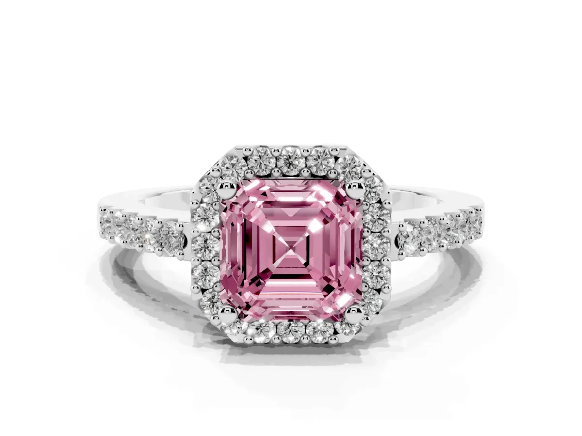 Fancy Pink Asscher Cut Halo Diamond Pavé Solitaire Ring Platinum