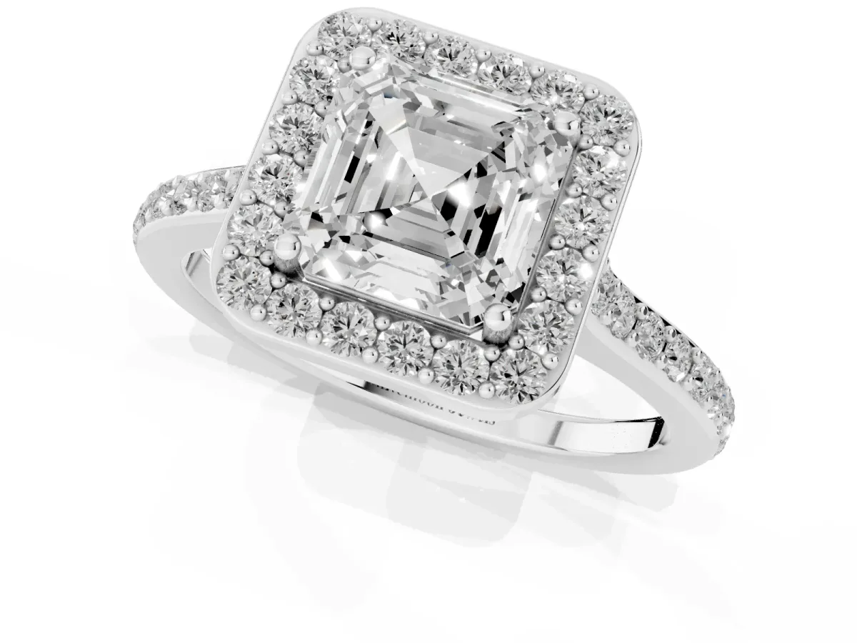 Asscher Cut Diamond Halo Engagement Ring with Round Pavé Shoulders and Prong Setting White gold