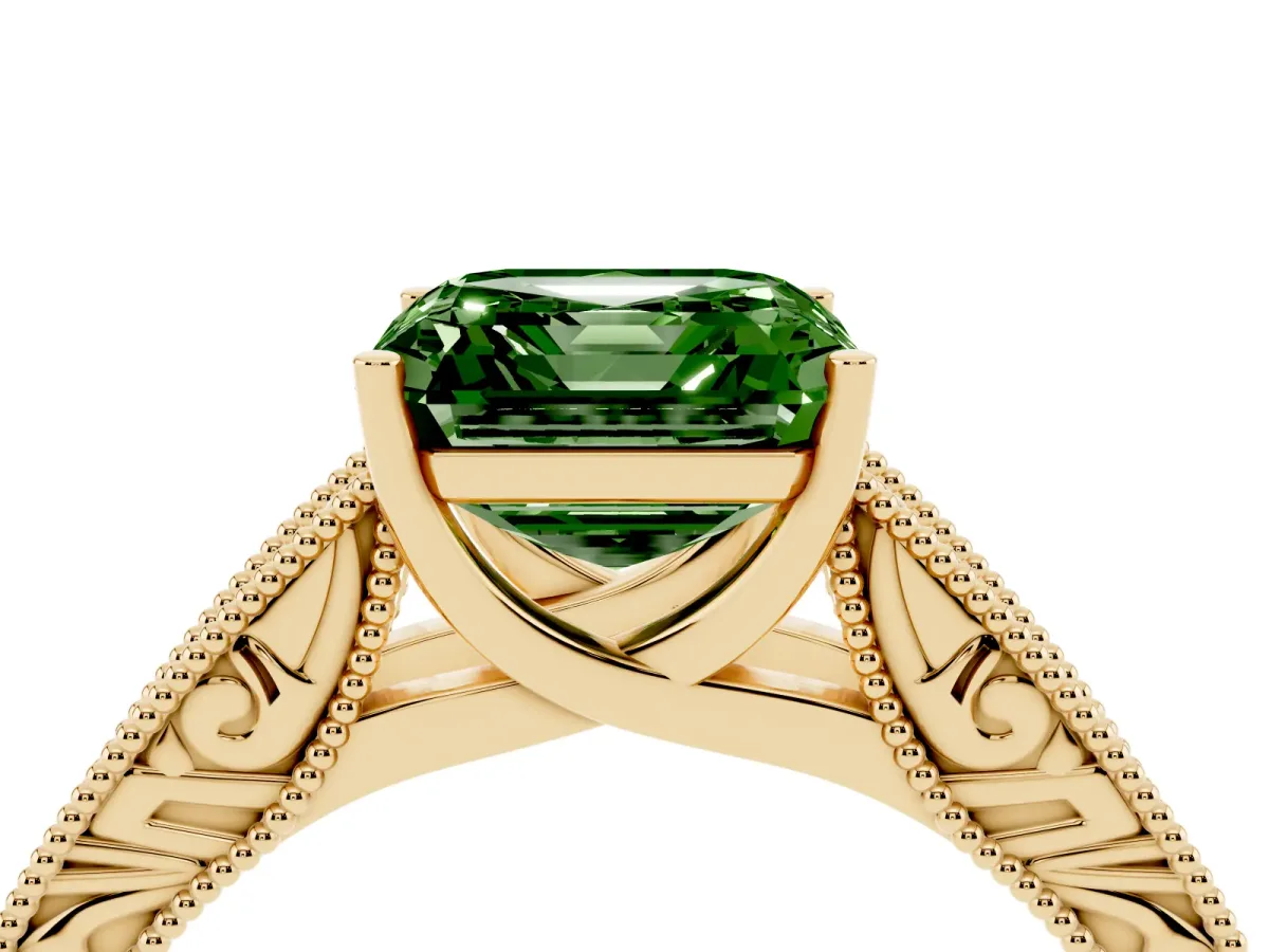 Fancy Green Asscher Cut Diamond Solitaire Ring with Engraved Band and Four-Prong Setting Yellow gold