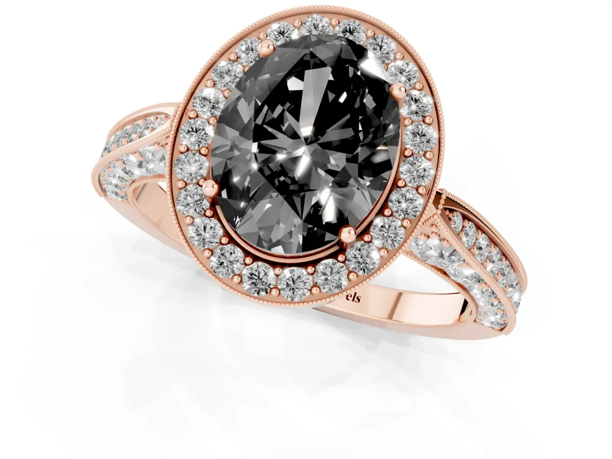 Fancy Black Oval Cut Halo Diamond Engagement Ring with Split Shank Band and Four-Prong Setting Rose gold