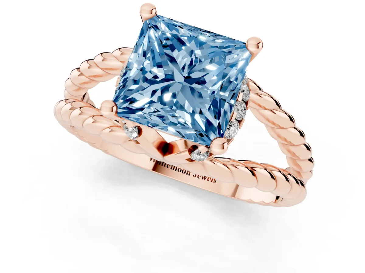 Fancy Blue Princess Cut Halo Twisted Band Four-Prong Ring Rose gold