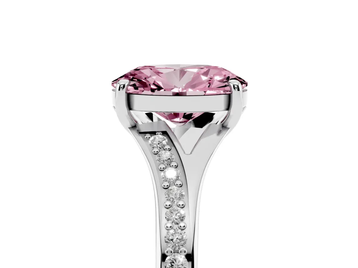 Fancy Pink Oval Cut Diamond Solitaire Ring with Pavé Band and Prong Setting Silver