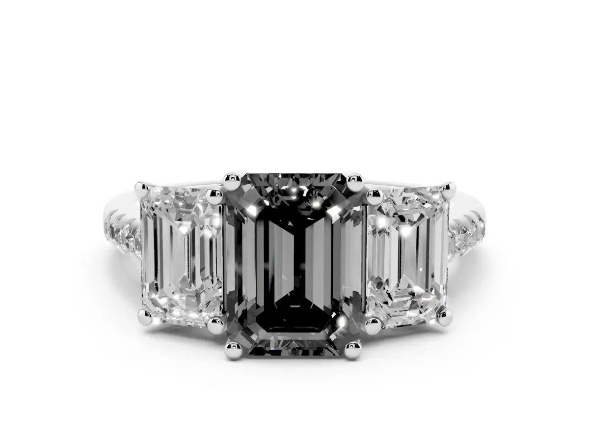 Fancy Black Three-Stone Emerald Cut Diamond Ring with Round Pavé Band and Prong Setting Silver