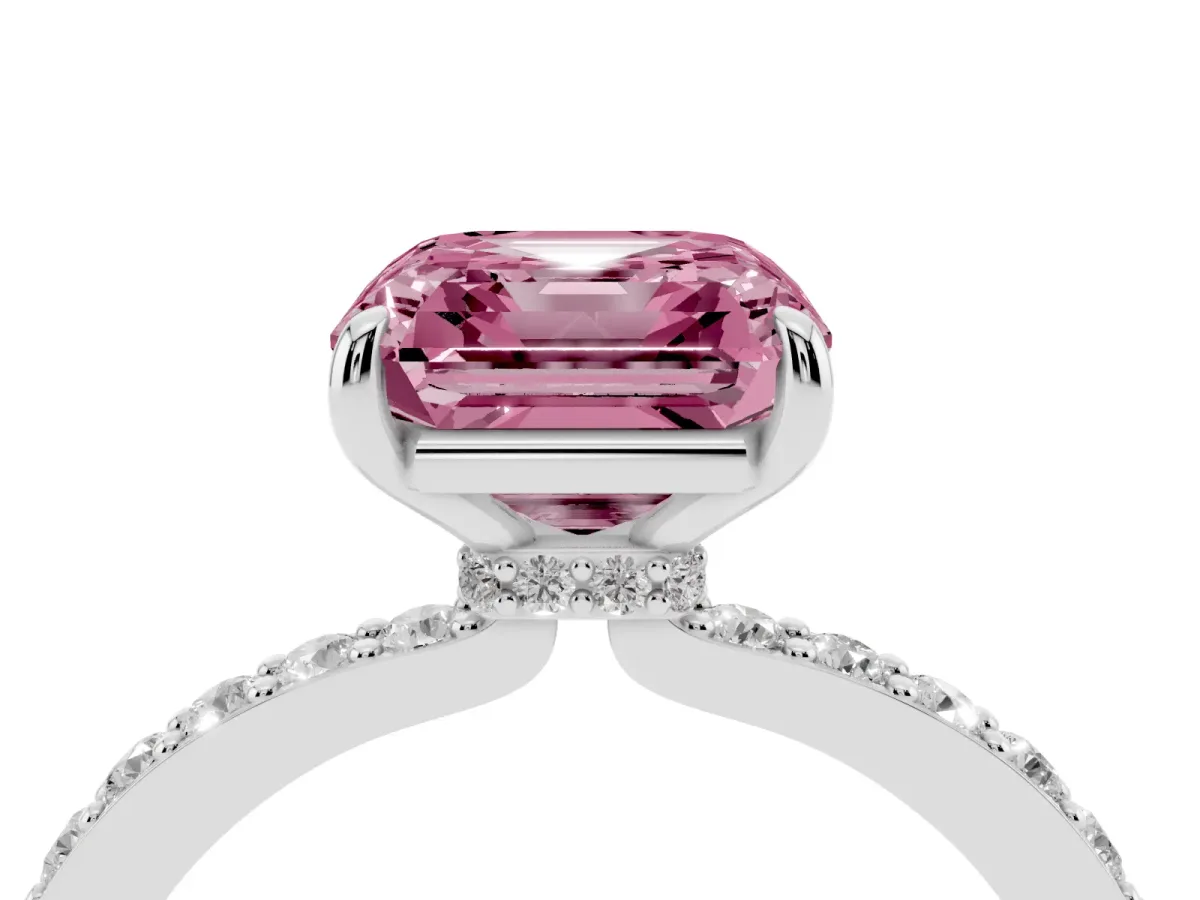 Fancy Pink Asscher Cut Diamond Pavé Engagement Ring with Round Accents and Prong Setting White gold