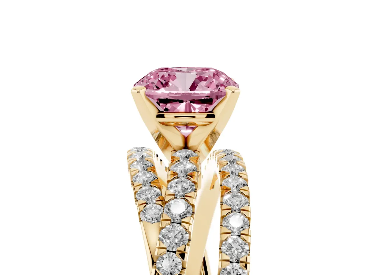 Fancy Pink Cushion Cut Solitaire Twist Band with Pavé Setting and Four-Prong Setting Yellow gold