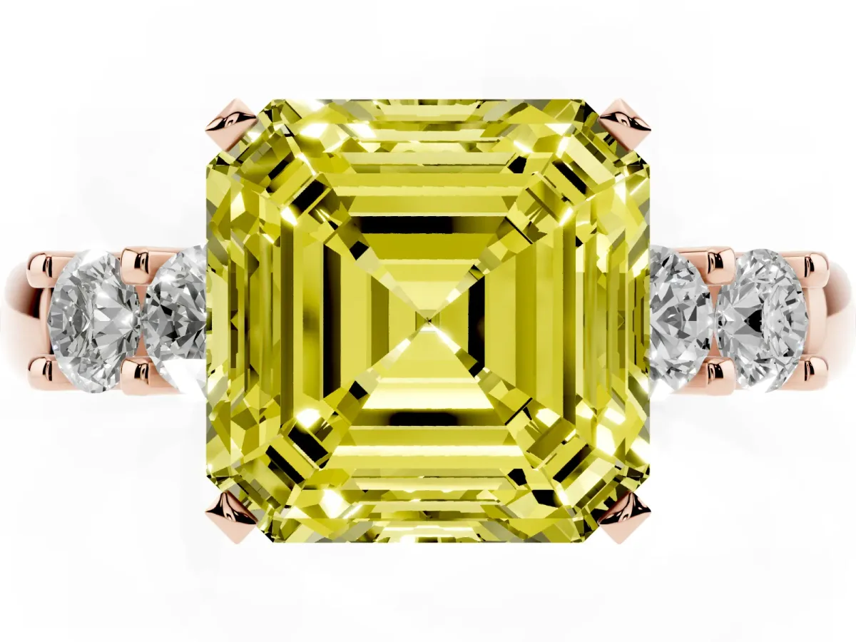 Fancy Yellow Asscher Cut Brilliant Cut Diamond Five-Stone Prong Set Engagement Ring with Channel Band Rose gold